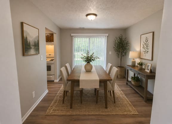 A dining room with a wooden table and chairs.