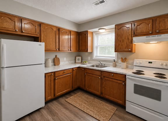 A kitchen with wooden cabinets and a white refrigerator.