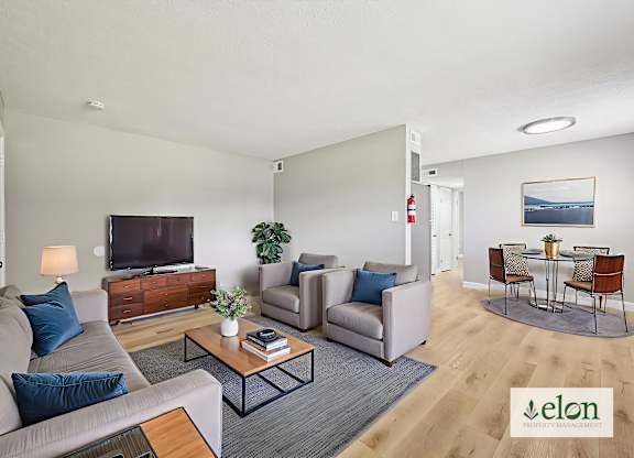 A living room with a couch, a chair, a coffee table, and a television.