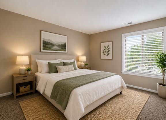 A bedroom with a large bed and a potted plant.
