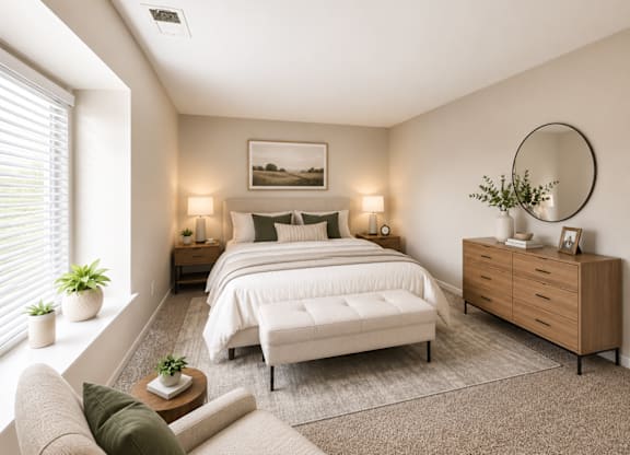 A well-lit bedroom with a large bed, a nightstand, and a chair.