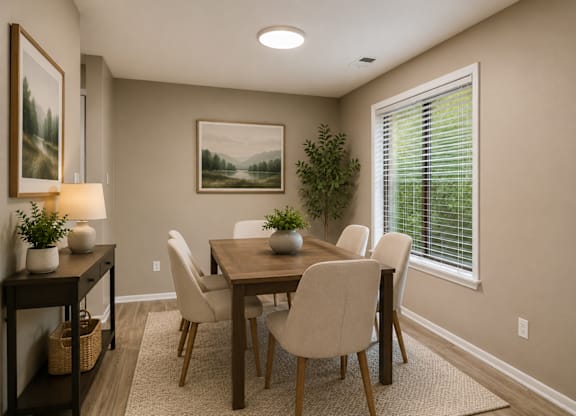 A dining room with a table and chairs.