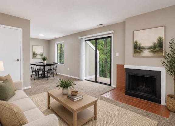 A living room with a fireplace and a dining table.