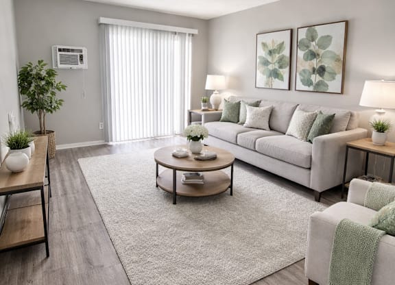 A modern living room with a white sofa, wooden coffee table, and a rug.