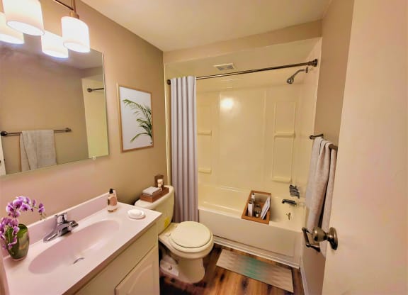 a bathroom with a white sink and toilet next to a white bathtub with a shower curtain