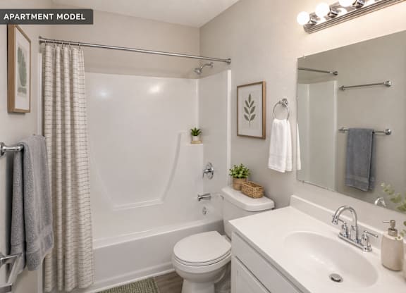 A bathroom with a white toilet, sink, and shower.