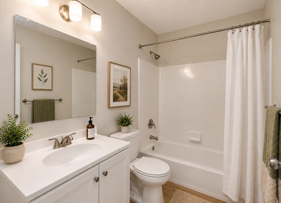 A white bathroom with a toilet, sink, and shower.