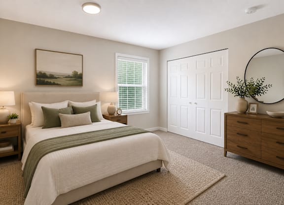 A bedroom with a large bed, a dresser, and a mirror.