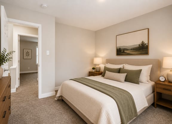 A bedroom with a large bed and a painting on the wall.