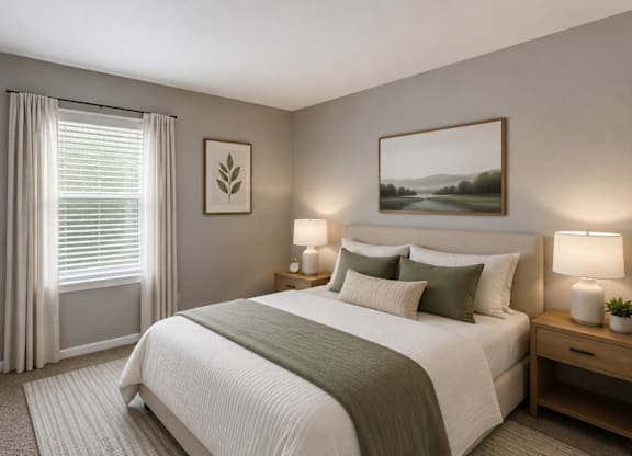A bedroom with a large bed, a window with curtains, and two wall lamps.