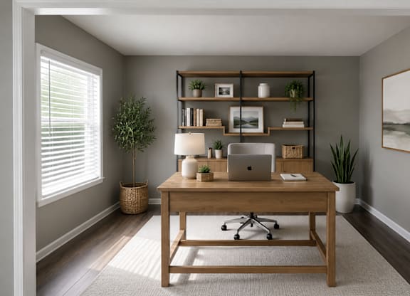 A room with a desk, laptop, and plants.