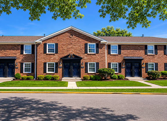 A row of houses with blue doors and windows.