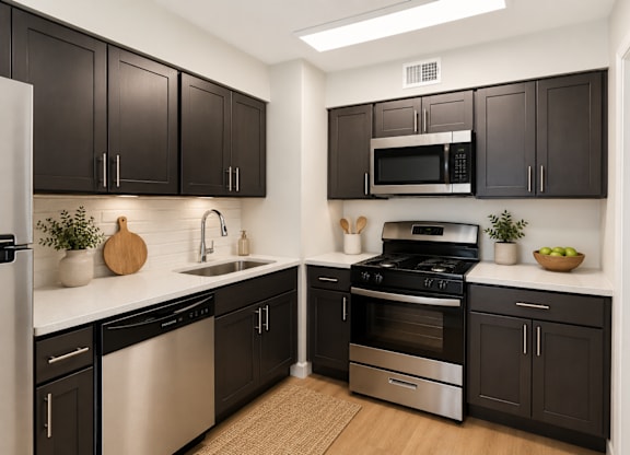 A kitchen with black cabinets and stainless steel appliances.