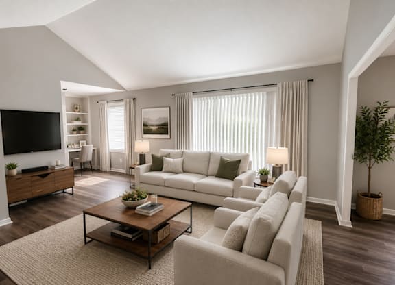 A living room with a white couch, a coffee table, and a television.