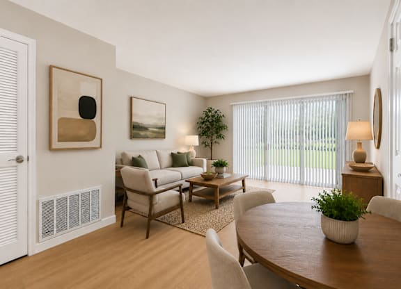 A living room with a couch, chairs, and a table.