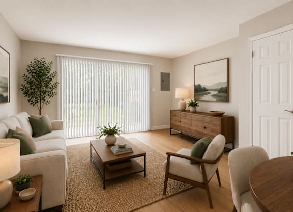 A living room with a white couch, a wooden coffee table, and a white door.