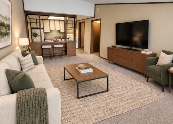 A living room with a couch, a coffee table, and a television.