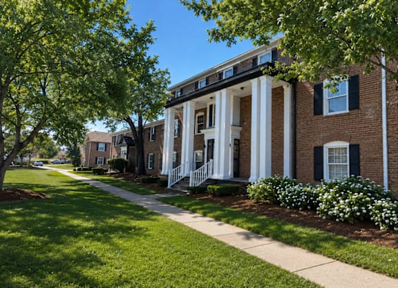 A row of houses with white columns in front.