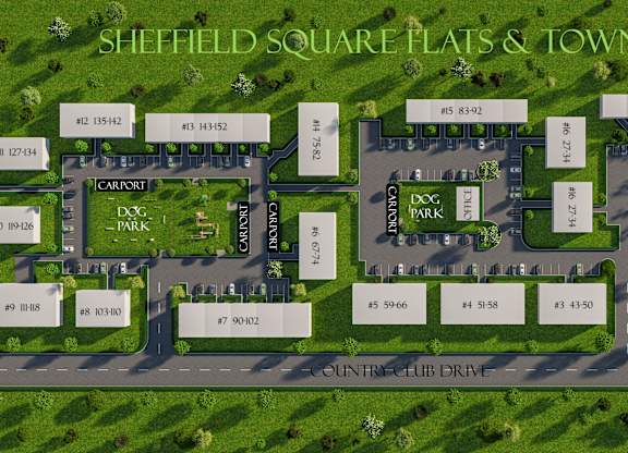 A map shows the layout of Sheffield Square Flats & Townhomes with various unit numbers and a Dog Park.