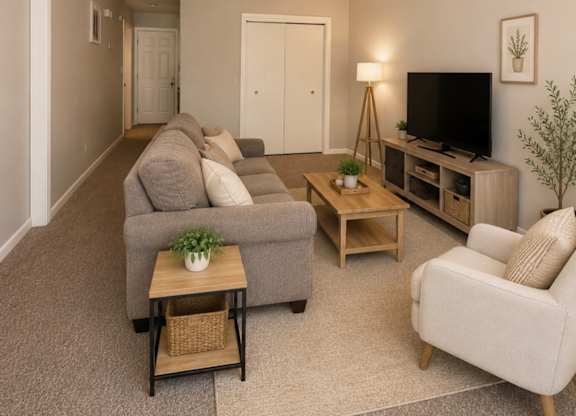 A living room with a grey couch, a wooden coffee table, and a flat screen TV.