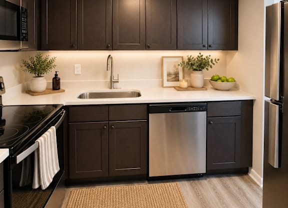 A kitchen with black cabinets and a stainless steel dishwasher.