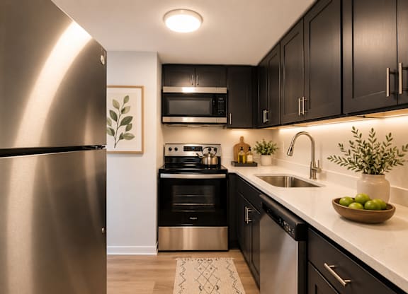 A modern kitchen with a stainless steel refrigerator and black cabinets.