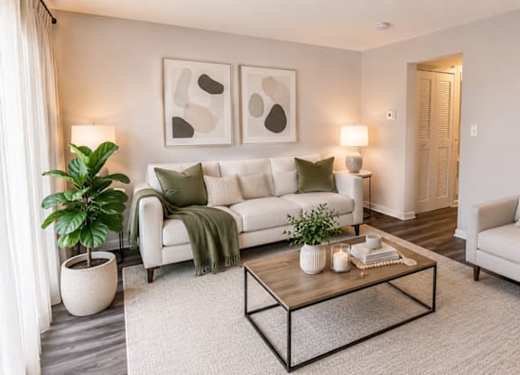 A living room with a white couch, a green throw, and a coffee table.