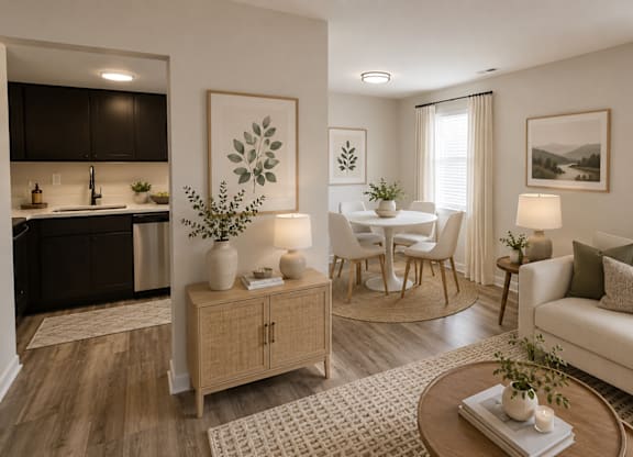 A well-lit, modern living room with a kitchen area in the background.