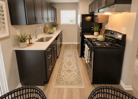 A black and white kitchen with a sink, stove, and cabinets.