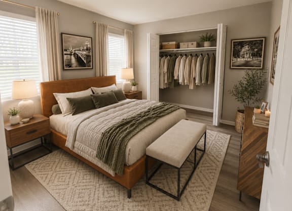A bedroom with a large bed and a bench in front of it.