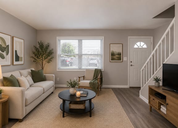 A living room with a couch, coffee table, and a television.