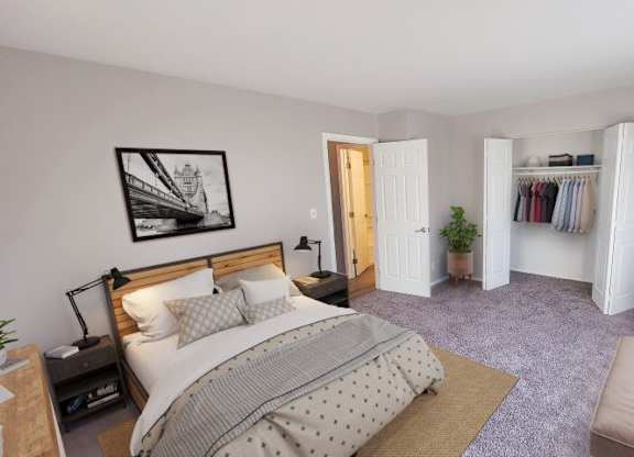 Carpeted bedroom with a bed, 2 nightstands, a closet, and a window.