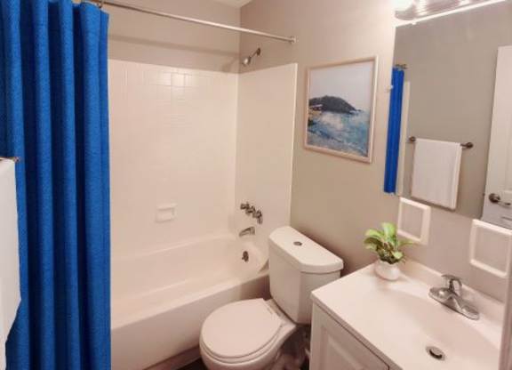 Bathroom with a bathtub, toilet, mirror, vanity lights, and a sink with white countertops.  