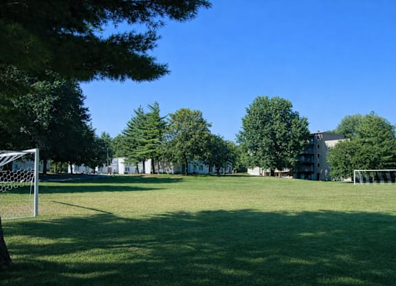 A soccer field with a goal post on the left side.