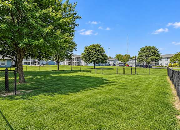 A green grassy area with trees and a fence.