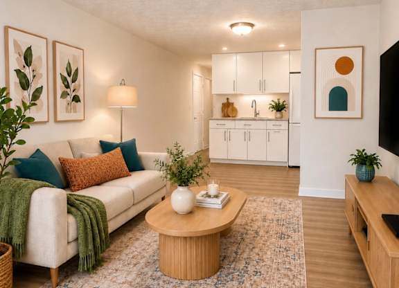 A living room with a white couch, a coffee table, and a rug.