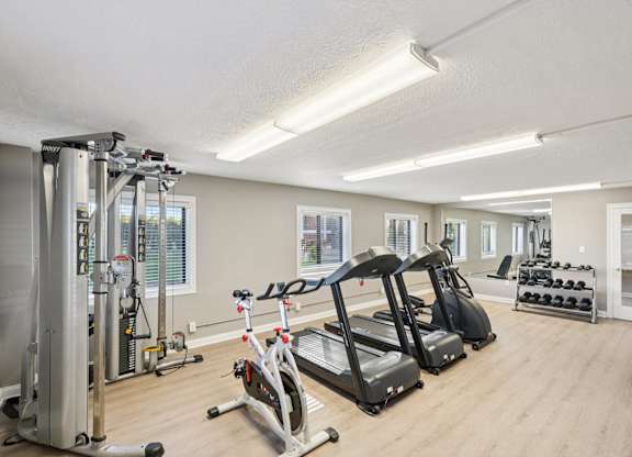 A spacious gym with a variety of equipment including treadmills, elliptical machines, and dumbbells.