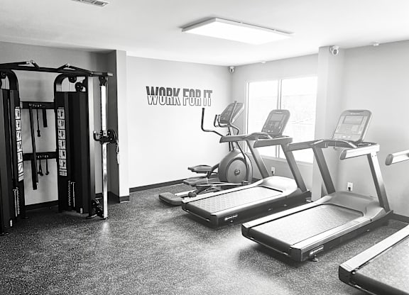 A black and white photo of a gym with treadmilers, weights, and a sign that says "Work for It".