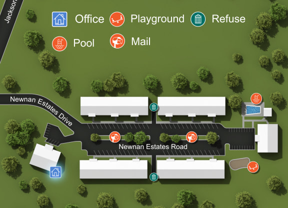 a map of a parking lot with a road and buildings