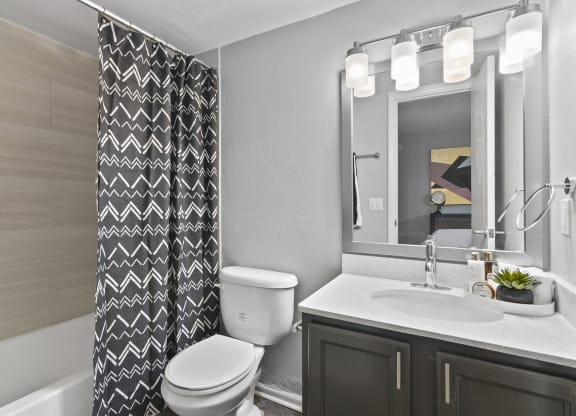 a bathroom with a shower and a toilet and a sink
