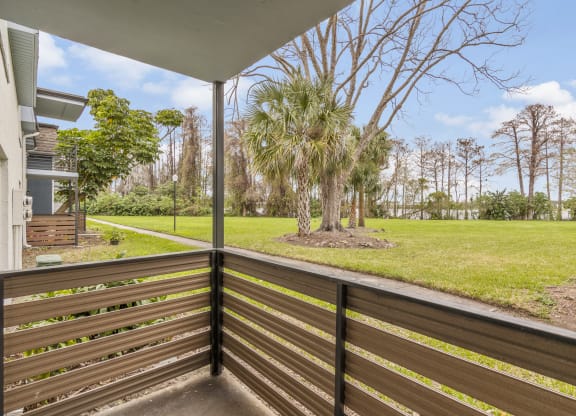 the view from the porch of a house with a yard and palm trees