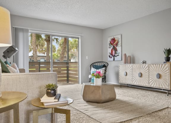 a living room with a couch and a chair and a sliding glass door