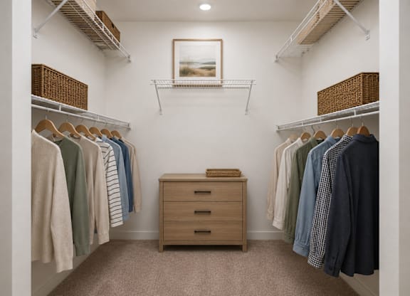 A closet with clothes hanging and a basket on the shelf.