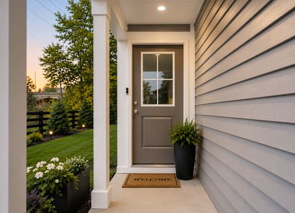 A grey door with a glass window is flanked by two planters.