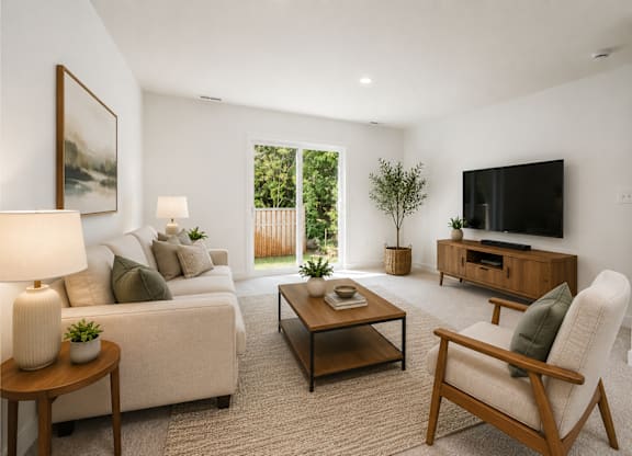 A living room with a couch, chair, and television.
