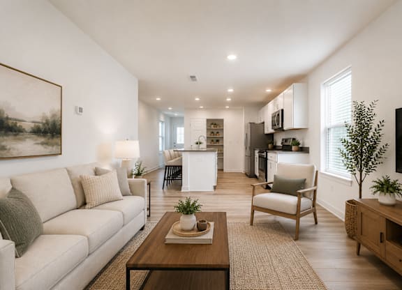 A living room with a white couch, a coffee table, and a painting on the wall.