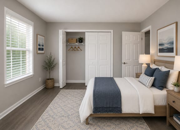 A bedroom with a large bed and a window with blinds.