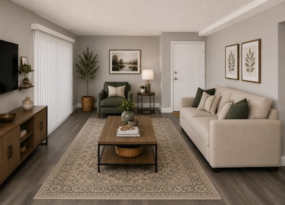 A living room with a couch, a coffee table, and a television.
