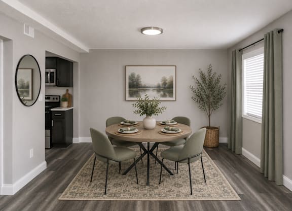 A dining room with a table set for four.