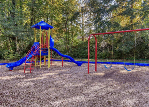 a playground with a blue and red swing set